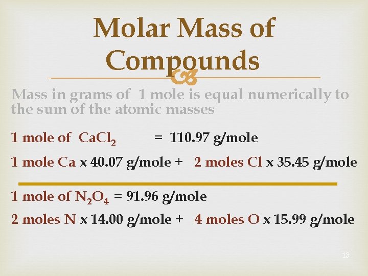 Molar Mass of Compounds Mass in grams of 1 mole is equal numerically to
