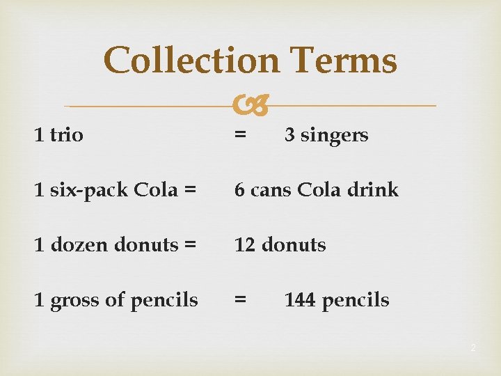 1 trio Collection Terms = 3 singers 1 six-pack Cola = 6 cans Cola
