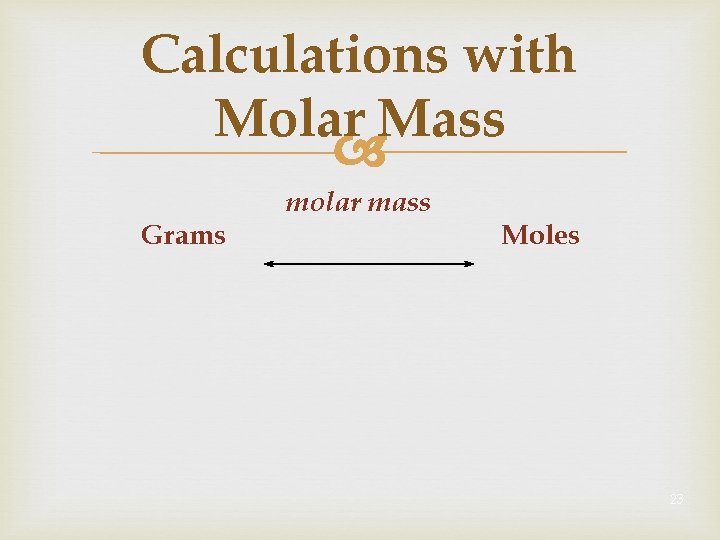 Calculations with Molar Mass Grams molar mass Moles 23 