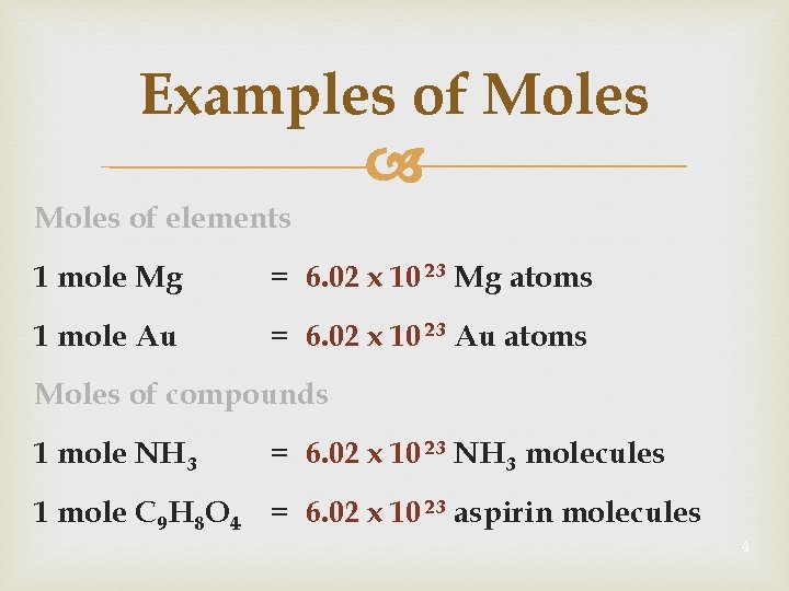 Examples of Moles of elements 1 mole Mg = 6. 02 x 10 23