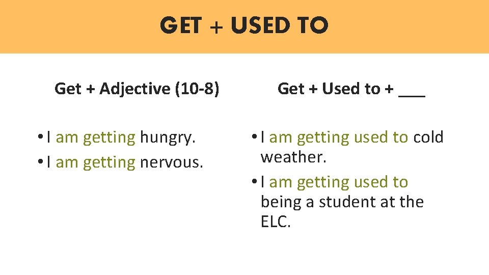 GET + USED TO Get + Adjective (10 -8) • I am getting hungry.