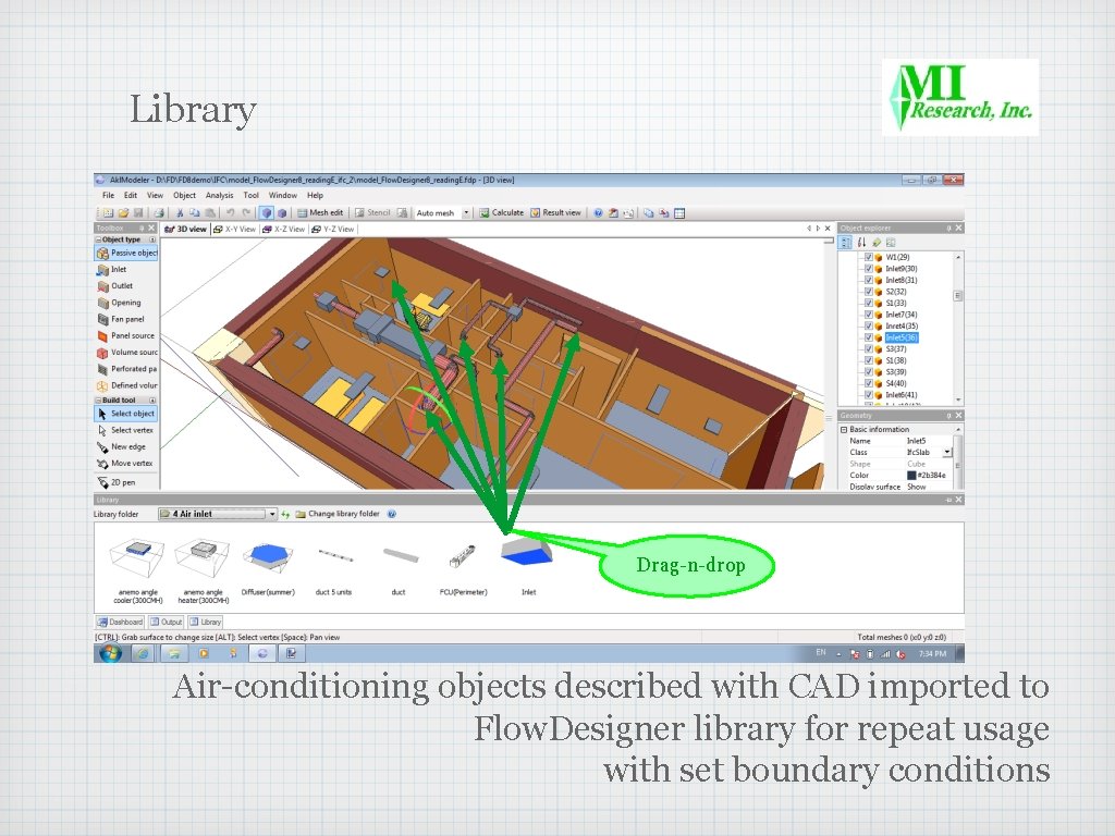 Library Drag-n-drop Air-conditioning objects described with CAD imported to Flow. Designer library for repeat