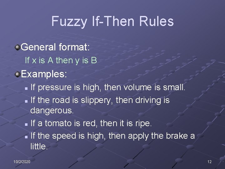 Fuzzy If-Then Rules General format: If x is A then y is B Examples: