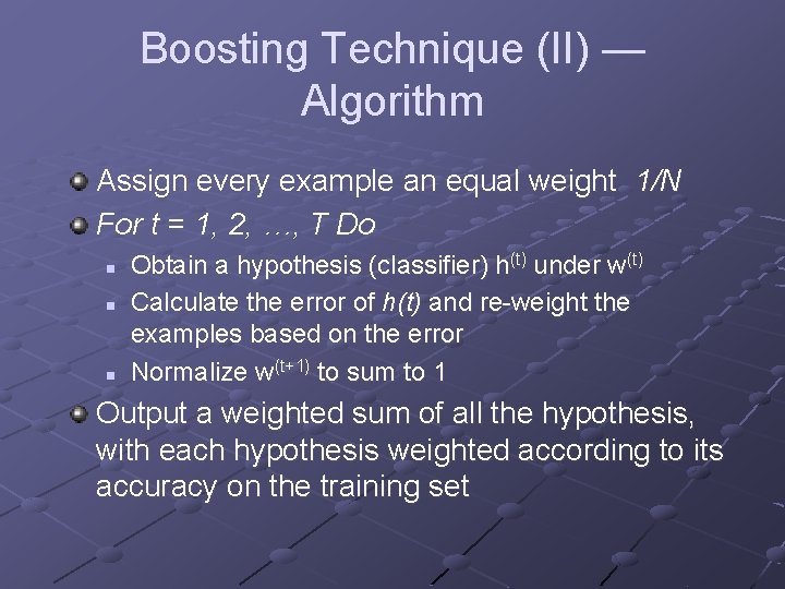 Boosting Technique (II) — Algorithm Assign every example an equal weight 1/N For t