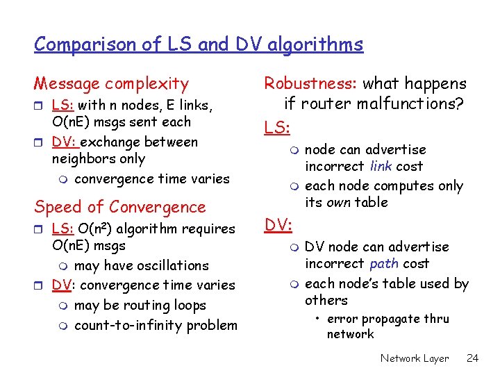 Comparison of LS and DV algorithms Message complexity r LS: with n nodes, E