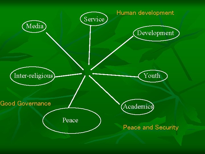 Service Media Human development Development Inter-religious Youth Good Governance Academics Peace and Security 
