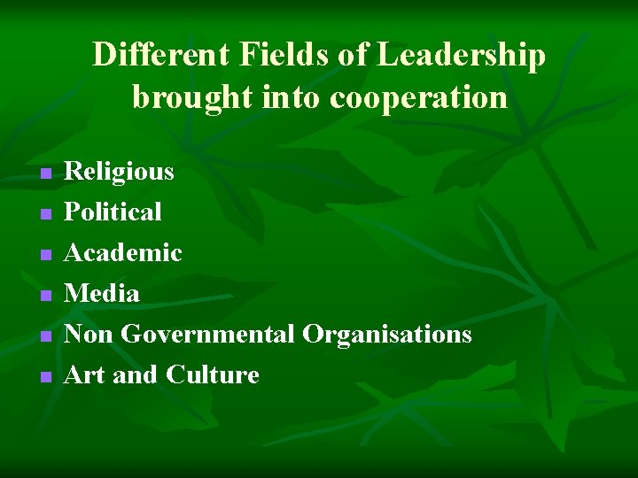 Different Fields of Leadership brought into cooperation n n n Religious Political Academic Media