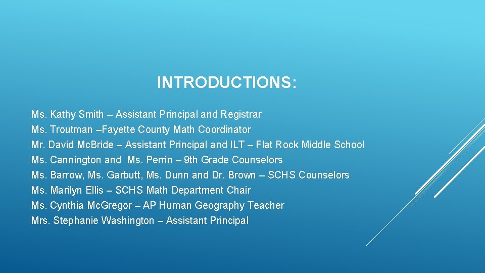 INTRODUCTIONS: Ms. Kathy Smith – Assistant Principal and Registrar Ms. Troutman –Fayette County Math INTRODUCTIONS: Ms. Kathy Smith – Assistant Principal and Registrar Ms. Troutman –Fayette County Math