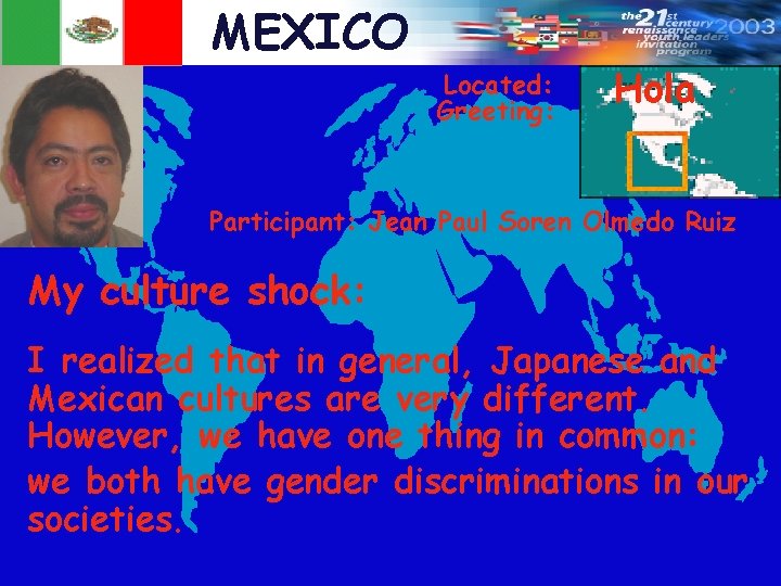 MEXICO Located: Greeting: Hola Participant: Jean Paul Soren Olmedo Ruiz My culture shock: I