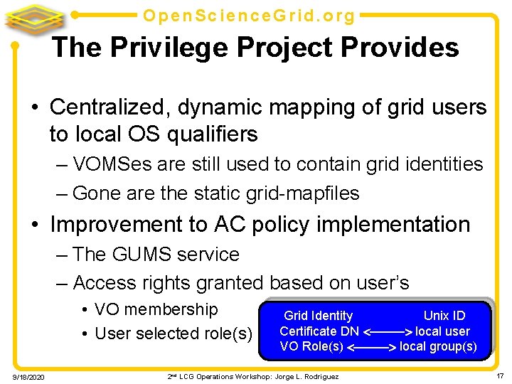 Open. Science. Grid. org The Privilege Project Provides • Centralized, dynamic mapping of grid