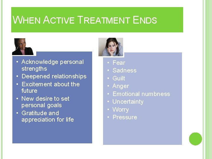 WHEN ACTIVE TREATMENT ENDS • Acknowledge personal strengths • Deepened relationships • Excitement about