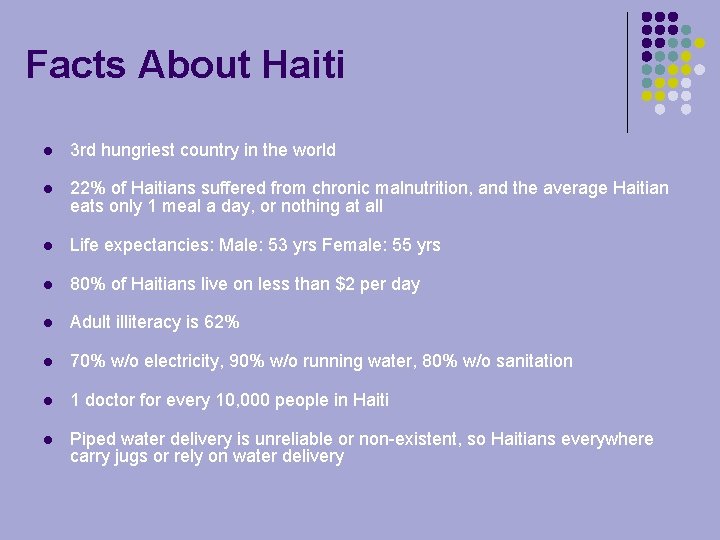 Facts About Haiti l 3 rd hungriest country in the world l 22% of