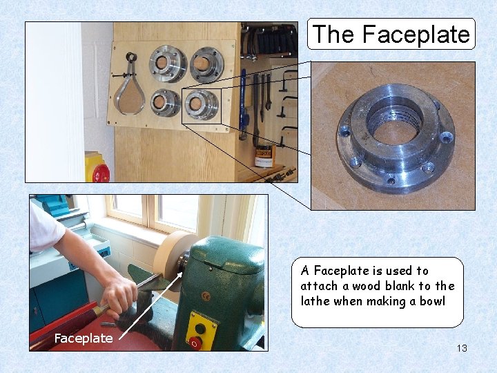 The Faceplate A Faceplate is used to attach a wood blank to the lathe