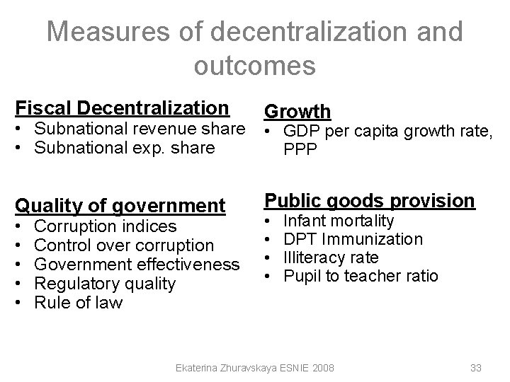 Measures of decentralization and outcomes Fiscal Decentralization • Subnational revenue share • Subnational exp. Measures of decentralization and outcomes Fiscal Decentralization • Subnational revenue share • Subnational exp.