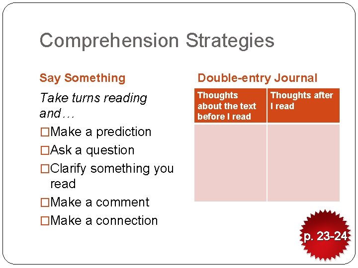 Comprehension Strategies Say Something Double-entry Journal Take turns reading and… �Make a prediction �Ask