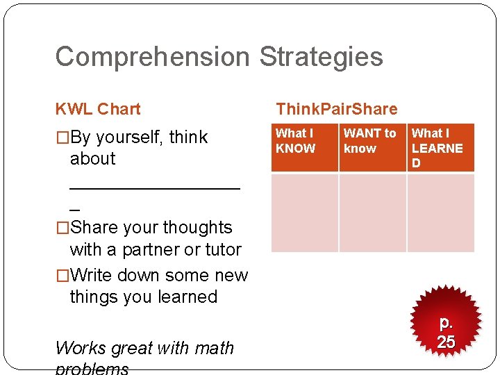 Comprehension Strategies KWL Chart Think. Pair. Share �By yourself, think What I KNOW about