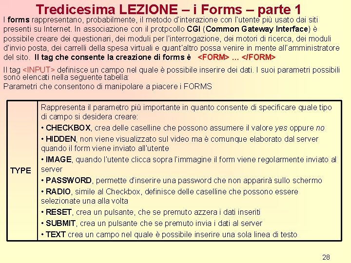 Tredicesima LEZIONE – i Forms – parte 1 I forms rappresentano, probabilmente, il metodo