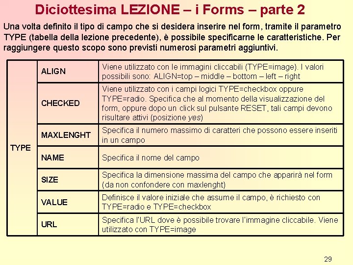 Diciottesima LEZIONE – i Forms – parte 2 Una volta definito il tipo di