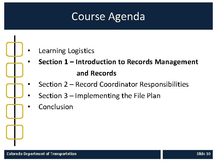 Course Agenda • • • Learning Logistics Section 1 – Introduction to Records Management