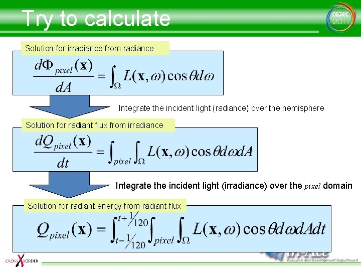 Try to calculate Solution for irradiance from radiance Integrate the incident light (radiance) over