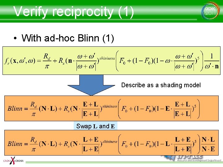 Verify reciprocity (1) • With ad-hoc Blinn (1) Describe as a shading model Swap
