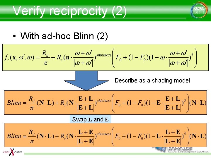 Verify reciprocity (2) • With ad-hoc Blinn (2) Describe as a shading model Swap