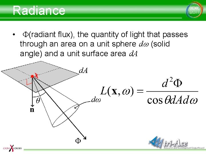 Radiance • F(radiant flux), the quantity of light that passes through an area on