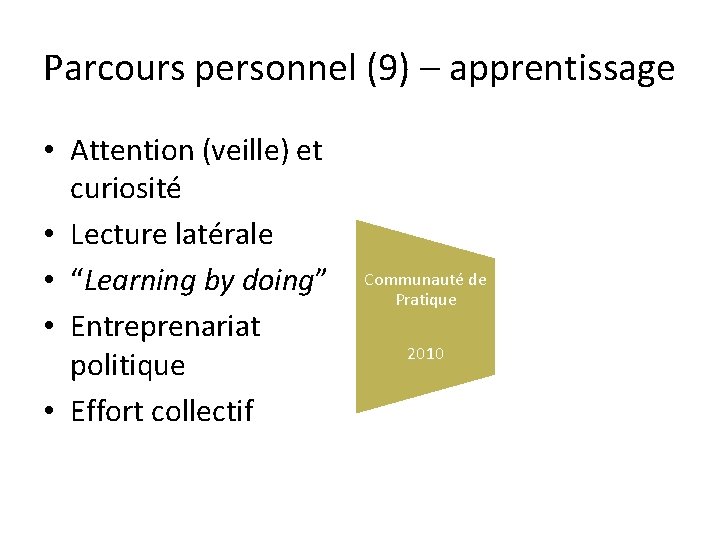 Parcours personnel (9) – apprentissage • Attention (veille) et curiosité • Lecture latérale Financement