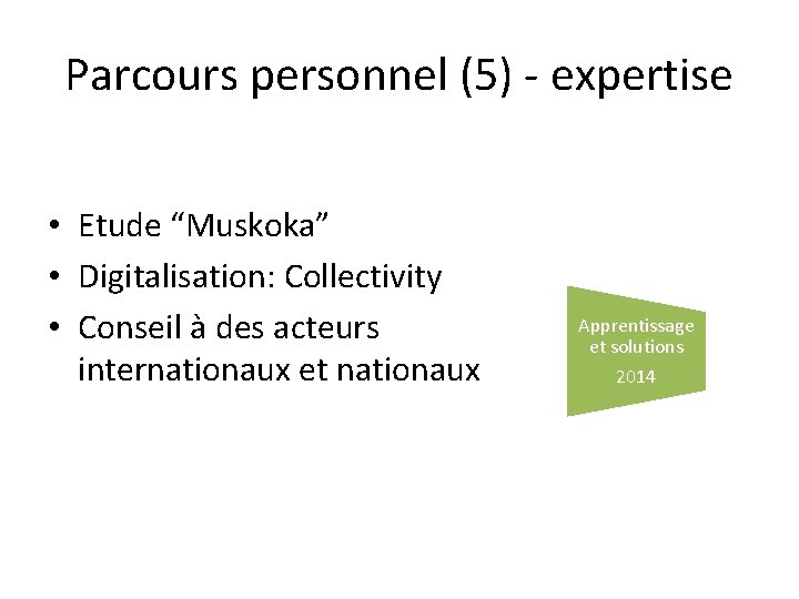Parcours personnel (5) - expertise • Etude “Muskoka” • Digitalisation: Collectivity Financement de la