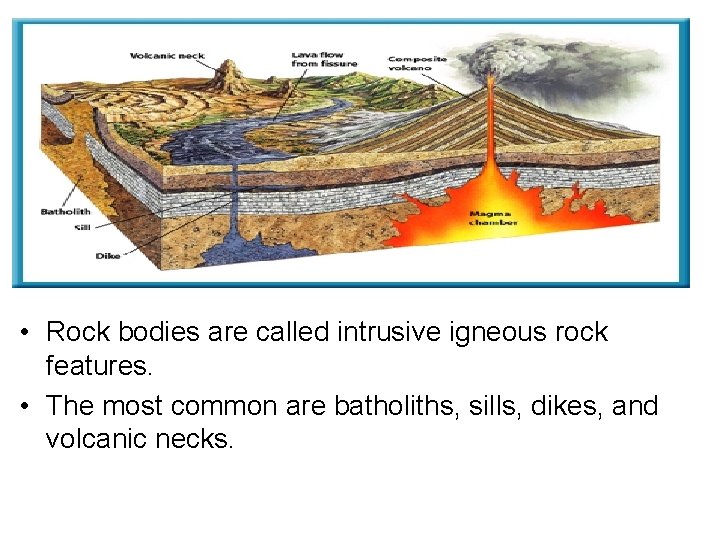  • Rock bodies are called intrusive igneous rock features. • The most common