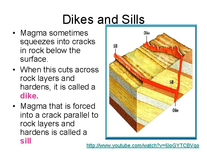 Dikes and Sills • Magma sometimes squeezes into cracks in rock below the surface.