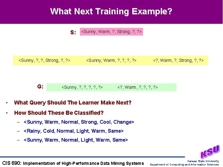 What Next Training Example? S: <Sunny, ? , Strong, ? > G: <Sunny, Warm,