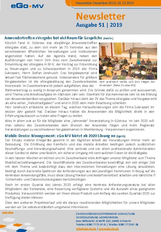 Newsletter Dezember 2019, 16. 12. 2019 Newsletter Ausgabe 51 | 2019 Anwendertreffen e. Vergabe