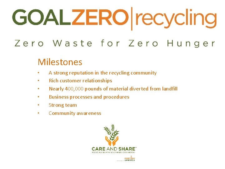 Milestones • • • A strong reputation in the recycling community Rich customer relationships