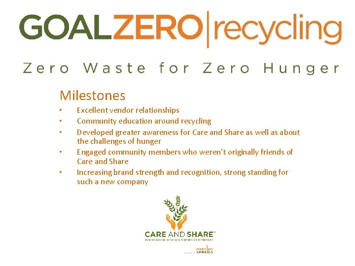 Milestones • • • Excellent vendor relationships Community education around recycling Developed greater awareness