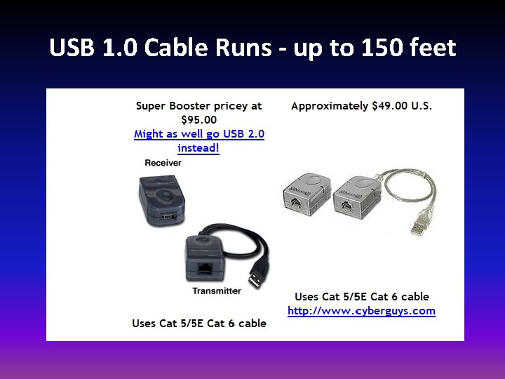 USB 1. 0 Cable Runs - up to 150 feet 