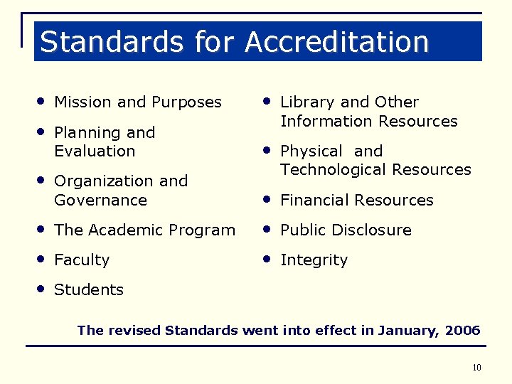 Standards for Accreditation • Mission and Purposes • • Planning and Evaluation Library and