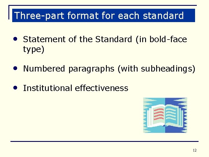 Three-part format for each standard • Statement of the Standard (in bold-face type) •