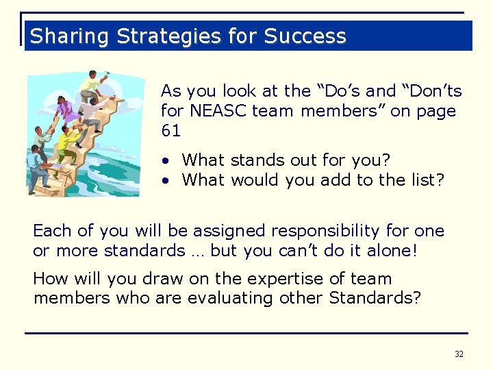 Sharing Strategies for Success As you look at the “Do’s and “Don’ts for NEASC