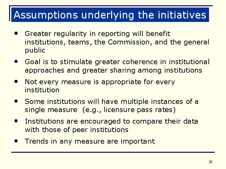 Assumptions underlying the initiatives • Greater regularity in reporting will benefit institutions, teams, the