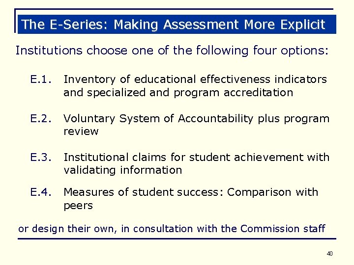 The E-Series: Making Assessment More Explicit Institutions choose one of the following four options: