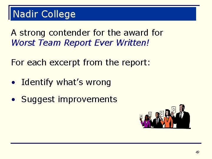 Nadir College A strong contender for the award for Worst Team Report Ever Written!