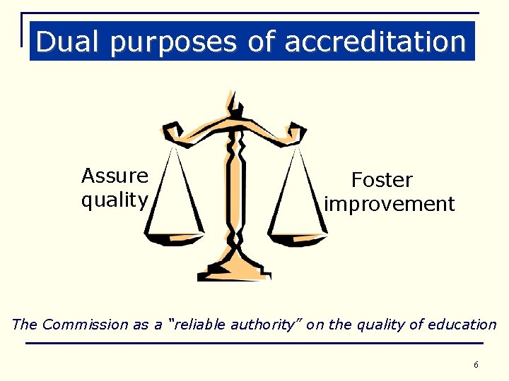 Dual purposes of accreditation Assure quality Foster improvement The Commission as a “reliable authority”