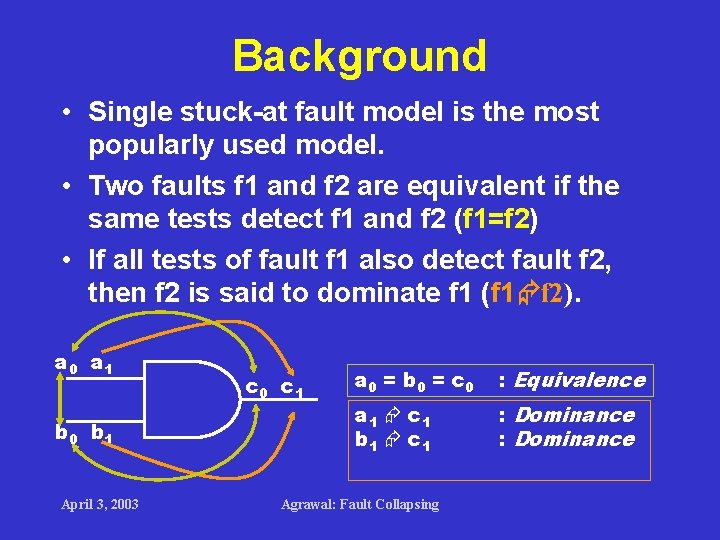 Background • Single stuck-at fault model is the most popularly used model. • Two Background • Single stuck-at fault model is the most popularly used model. • Two