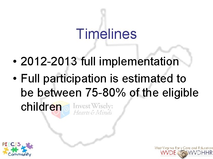 Timelines • 2012 -2013 full implementation • Full participation is estimated to be between