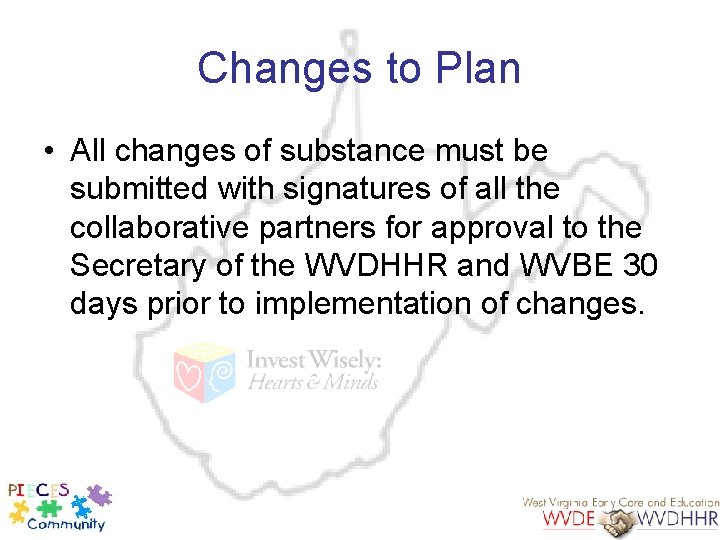 Changes to Plan • All changes of substance must be submitted with signatures of