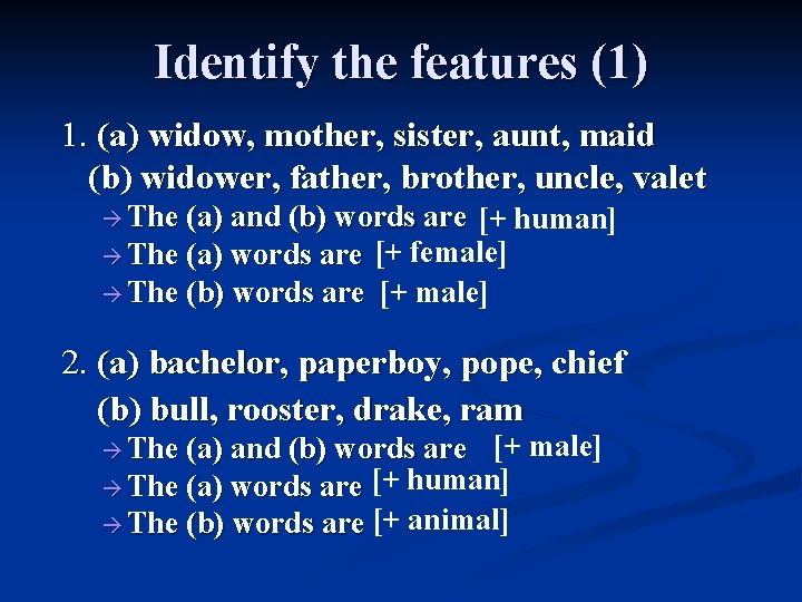 Identify the features (1) 1. (a) widow, mother, sister, aunt, maid (b) widower, father,