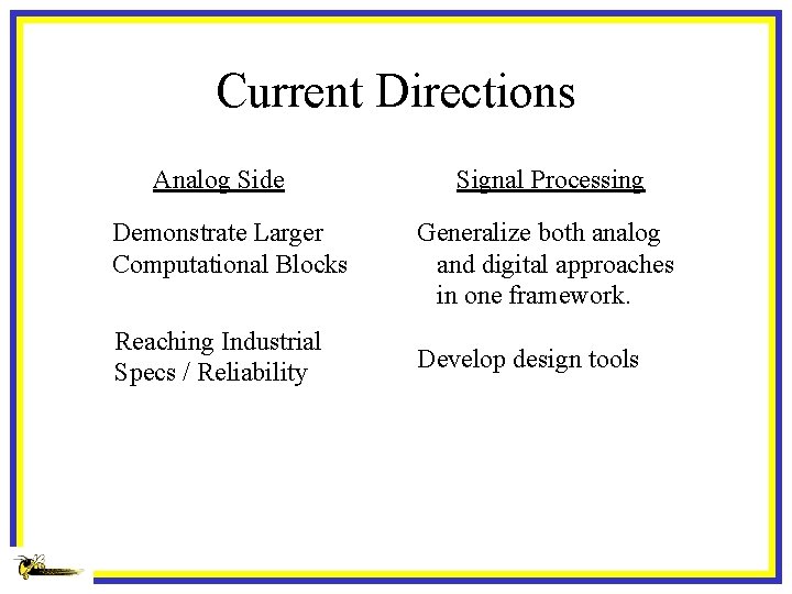 Current Directions Analog Side Demonstrate Larger Computational Blocks Reaching Industrial Specs / Reliability Signal