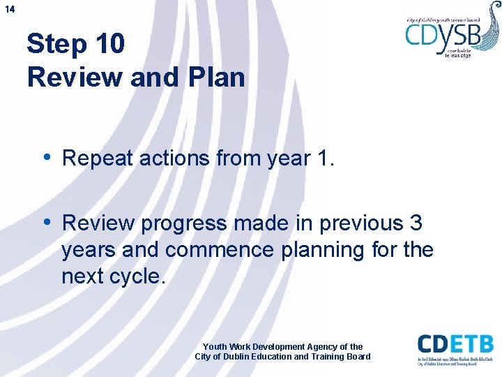 14 Step 10 Review and Plan • Repeat actions from year 1. • Review