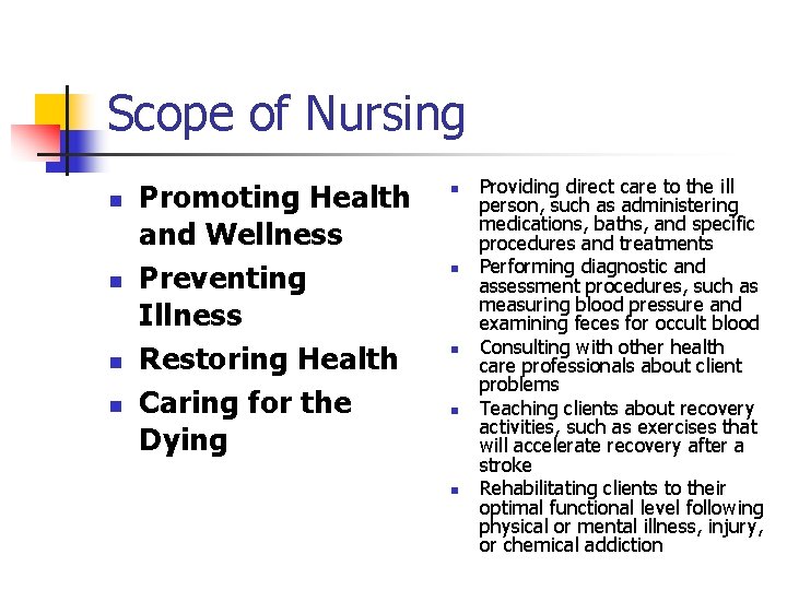  Scope of Nursing n n Promoting Health and Wellness Preventing Illness Restoring Health